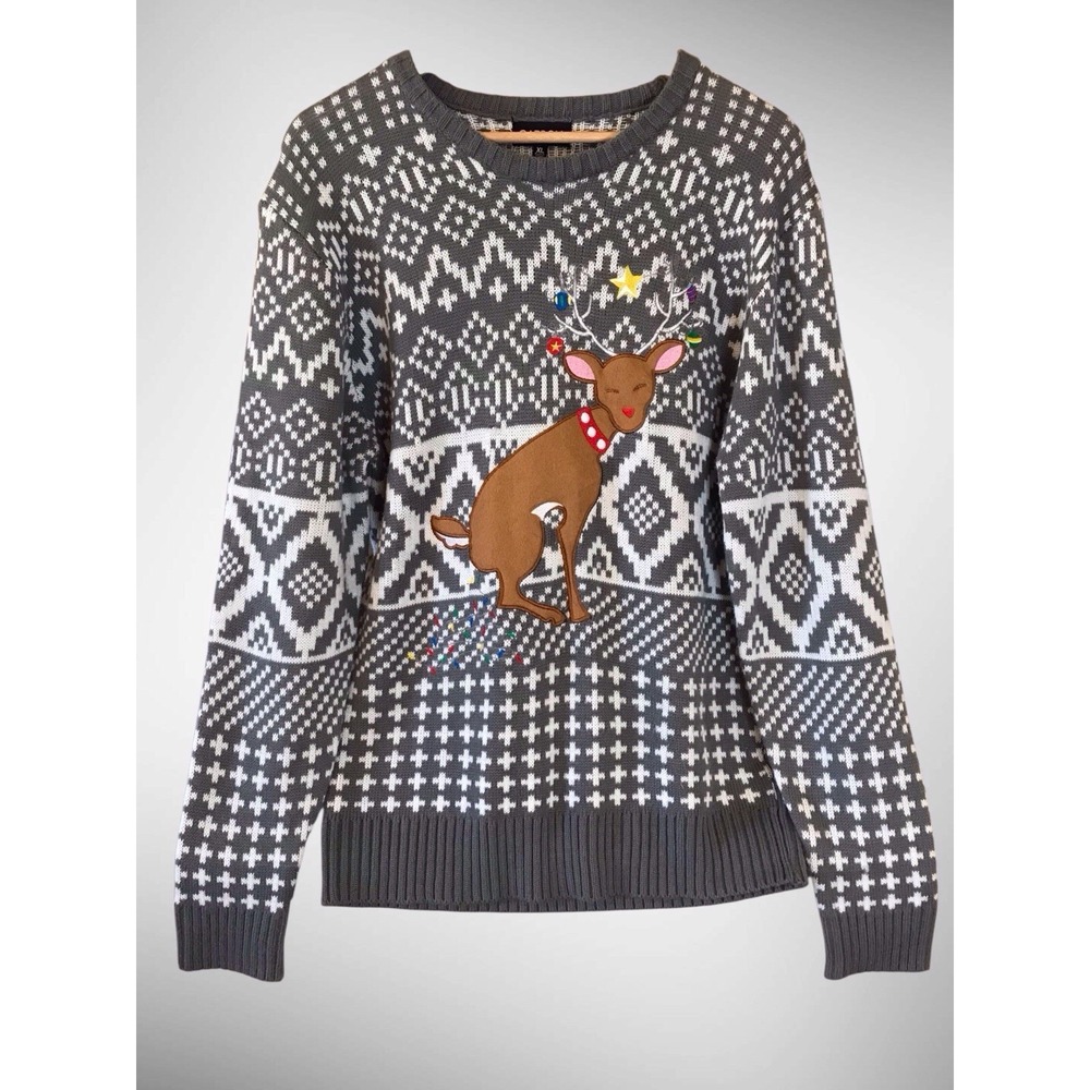 Carbon Ugly Christmas Sweater Reindeer Pooping Lights Mens L‎ Gray Fair Isle Top
